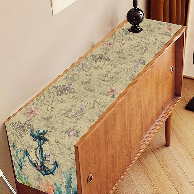 Nautical Anchor Table Runner, Retro Coastal Treasure Map Coral Plant Starfish - Image 3