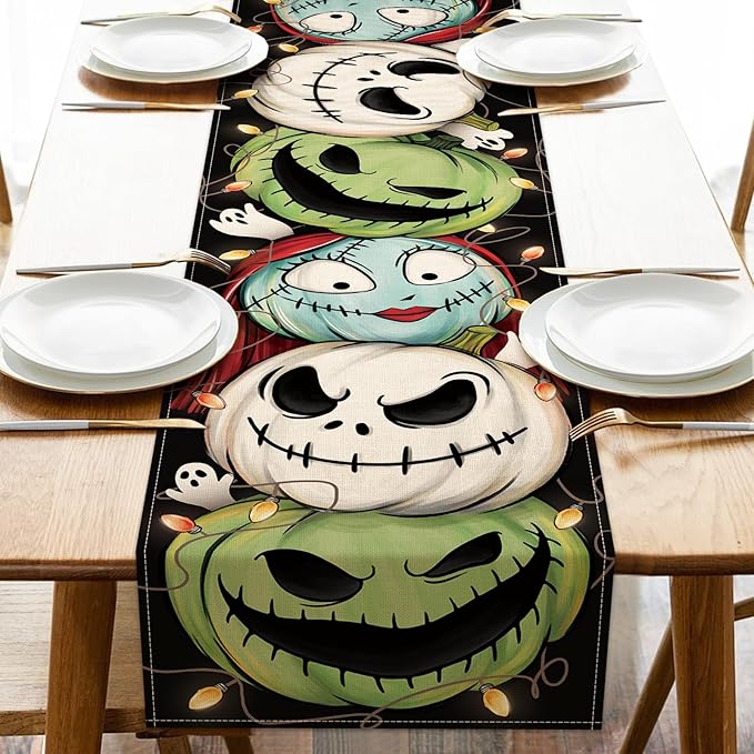 Halloween Jack O Lantern Pumpkin Table Runner, Jack Green Monster Sally Ghost by Croar