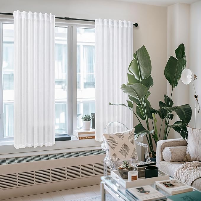 Pitalk White Linen Sheer Curtains 68 Inch Length 2 Panels - Image 2