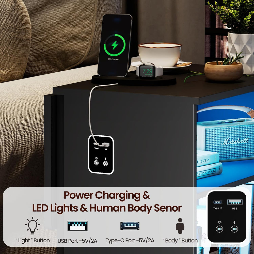 Lareth Rolling Side Table with Wheels, Led Lights & Charging Station