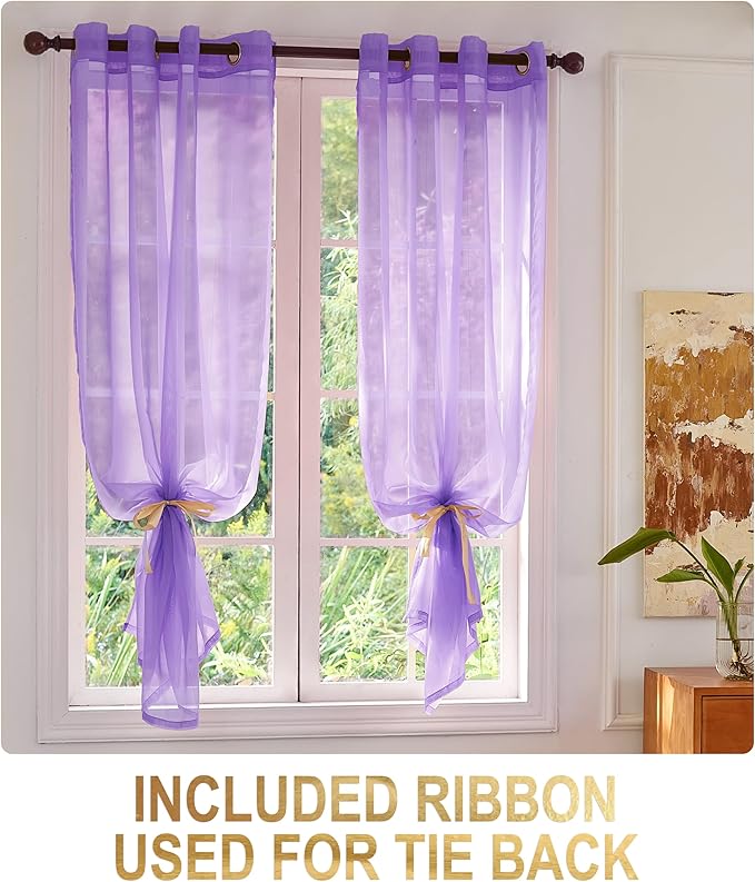 Foil Stripe Purple Sheer Curtains 63 inches Length 2 Panels - Image 2