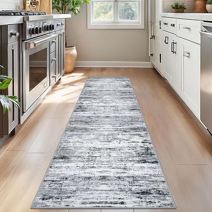 Modern Abstract Bedroom Runner Rug 2x7, Non-Slip Soft Thin Faux Wool Mat - Image 2