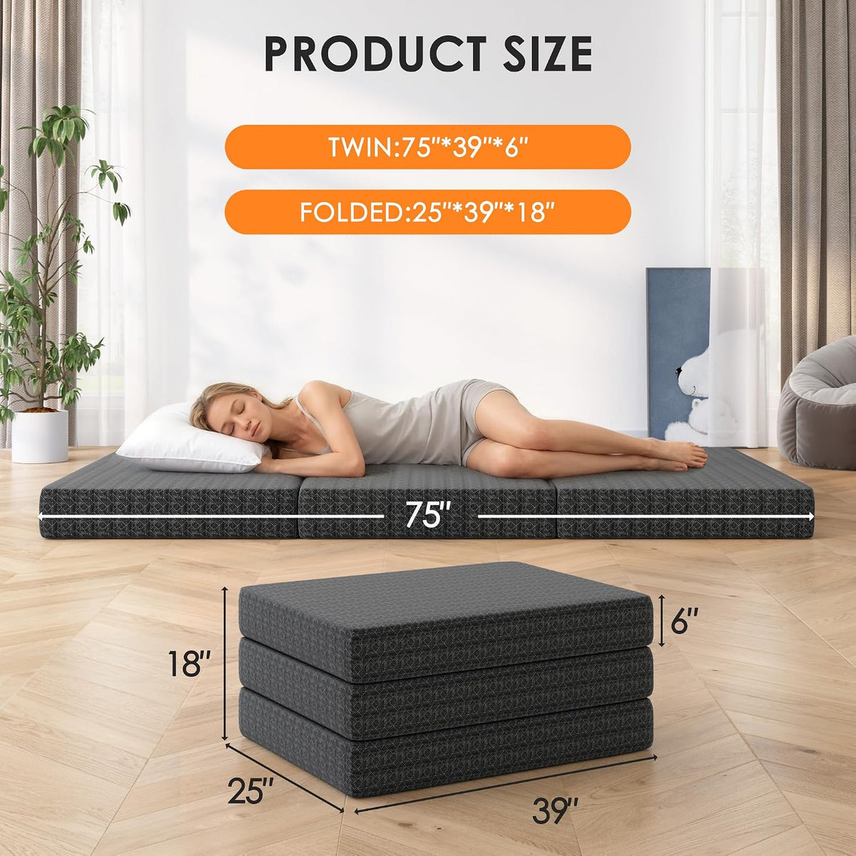 6 inch tri-fold mattress twin size, portable memory shown in use