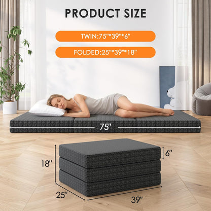 6 inch tri-fold mattress twin size, portable memory shown in use