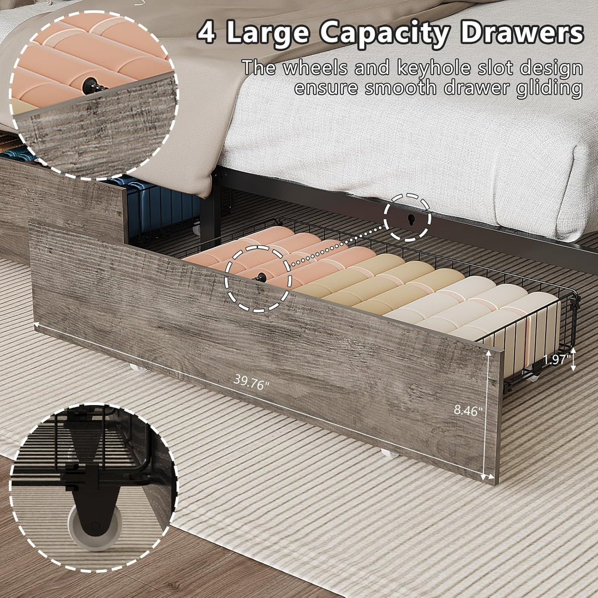 vingli king bed frame with 4 storage drawers showing dimensions