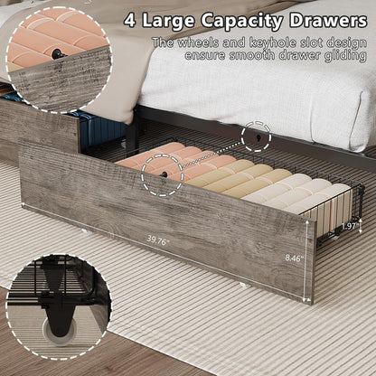 vingli king bed frame with 4 storage drawers showing dimensions