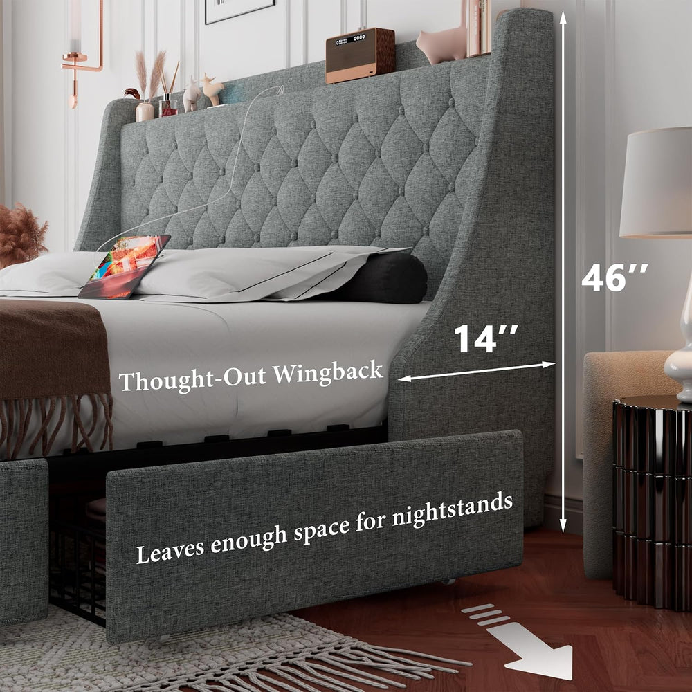 iPormis Full Size Bed Frame with 4 Storage Drawers, Upholstered Platform Bed ...