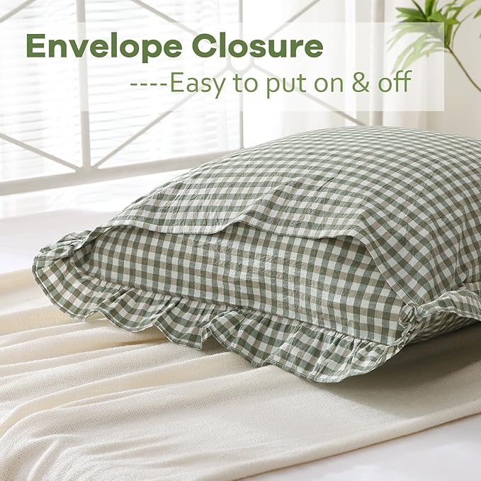 2 Pack Sage Green White Plaid Ruffle Pillow Shams Standard Size, 100% Washed - Image 4