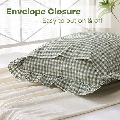 2 Pack Sage Green White Plaid Ruffle Pillow Shams Standard Size, 100% Washed - Image 4