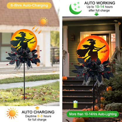WAIU Solar Witch Scene Garden Stake Lights, Spooky Outdoor Yard Sign for Halloween Festive Decor