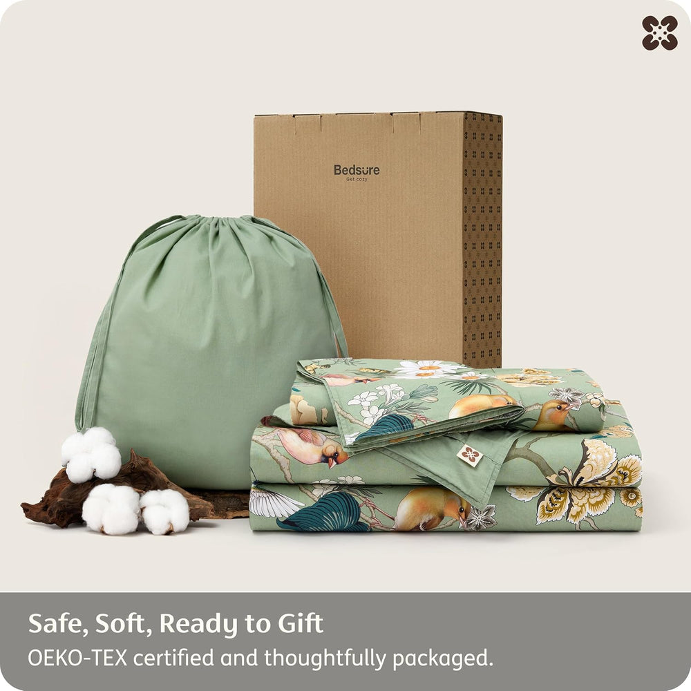 Bedsure PureWoven 100% Cotton Floral Duvet Cover Set, Queen, Green Garden