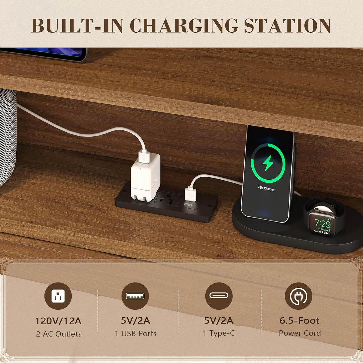 cszzd wood bed frame full size with charging showing dimensions