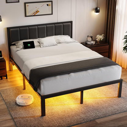 olevs queen bed frame with headboard, smart led, front angle view
