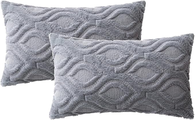 MIULEE Grey Blue Throw Pillow Covers 12x20 Inch, Soft Winter Plush Faux Wool - Image 6