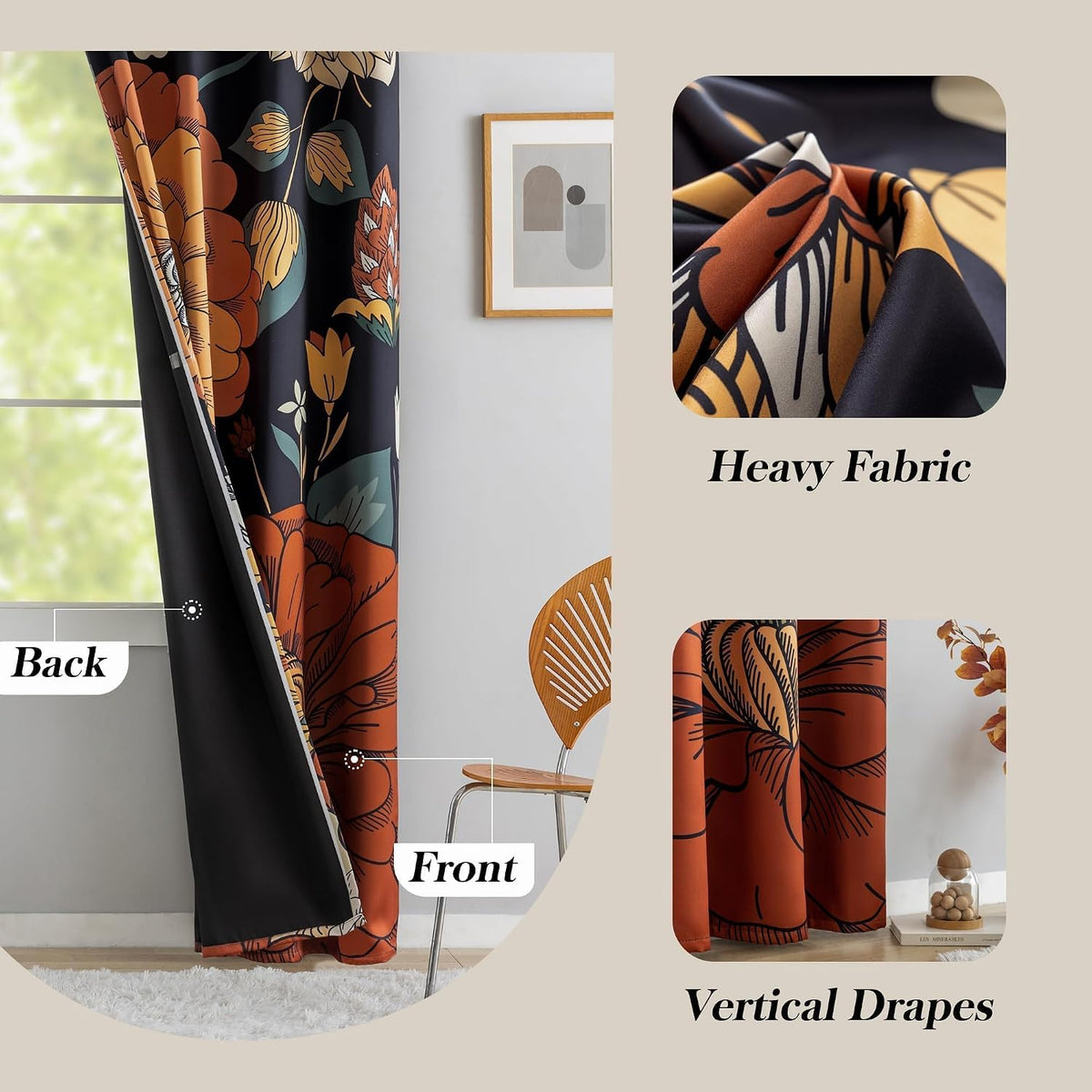 tyrot black boho floral grommet blackout curtains, 52w, package contents
