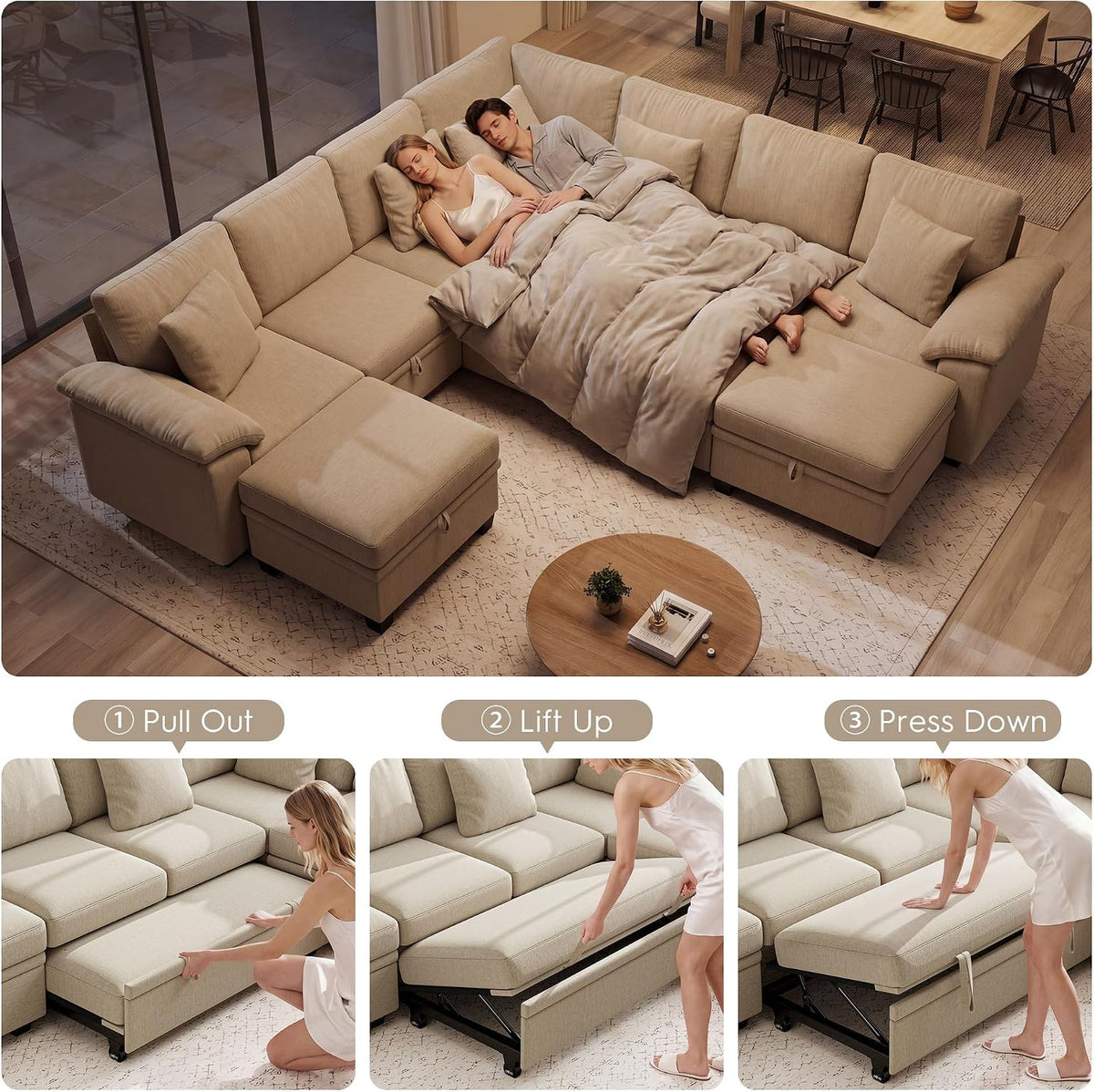ihanherry 108" modular sectional sofa with pull out, side view