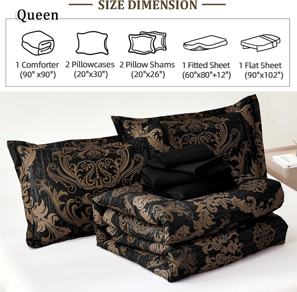 WONGS BEDDING Black Comforter Set Queen Size, Gold Damask Texture 7 Pieces Be...