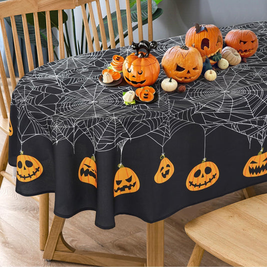 Bnejvif Oval Halloween Tablecloth with Pumpkin Spider Web Bat Design, Waterproof Wrinkle Free Polyester Fabric Table Cover for Parties, Black