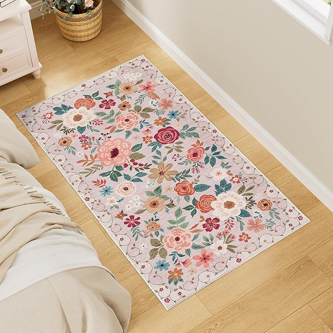 DUKINO 2x4 Rug for Entryway, Washable Kitchen Floral Runner Rug by DUKINO