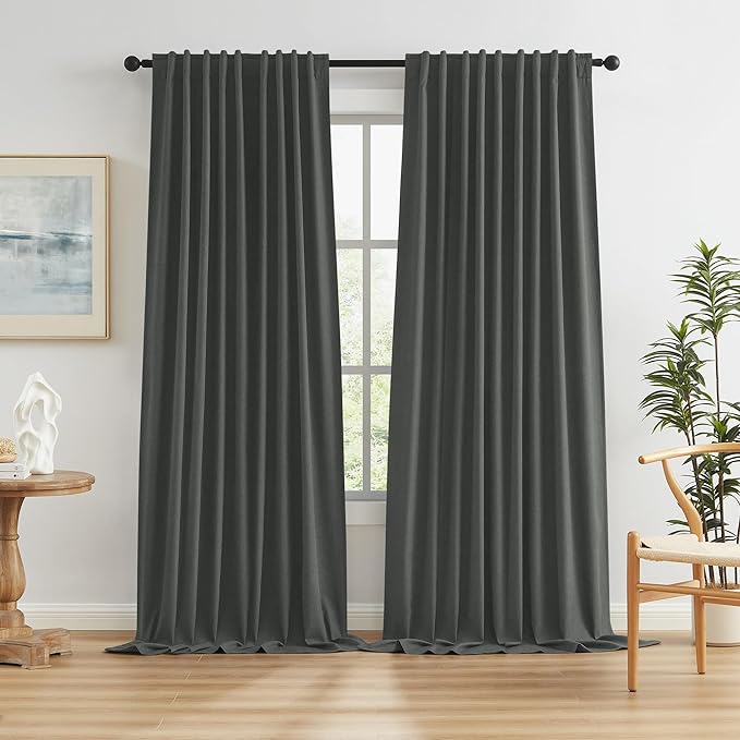 Full Blackout Linen Curtains 102 Inch Long, Back Tab Pocket Pleated Textured by KEQIAOSUOCAI