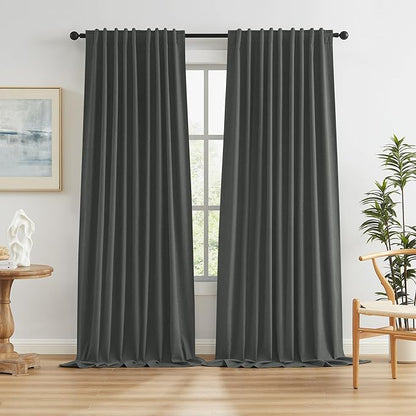 Full Blackout Linen Curtains 102 Inch Long, Back Tab Pocket Pleated Textured by KEQIAOSUOCAI