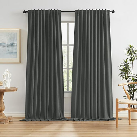 Full Blackout Linen Curtains 102 Inch Long, Back Tab Pocket Pleated Textured by KEQIAOSUOCAI