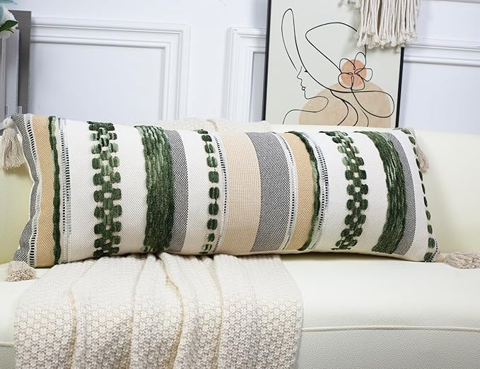 PANOD Boho Long Lumbar Throw Pillow Cover 14 x 36 Dark Green, Chenille Morocan - Image 3