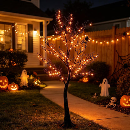 Hairui Lighted Halloween Tree with 150 Orange Fairy Lights 4FT, Spooky Black Tree Lights Plug in for Indoor Outdoor Home Halloween Party Decoration