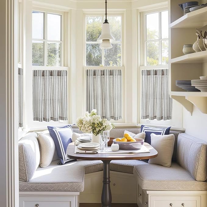 jinchan Striped Linen Kitchen Curtains 36 Inches Tier Curtains Farmhouse Modern - Image 3