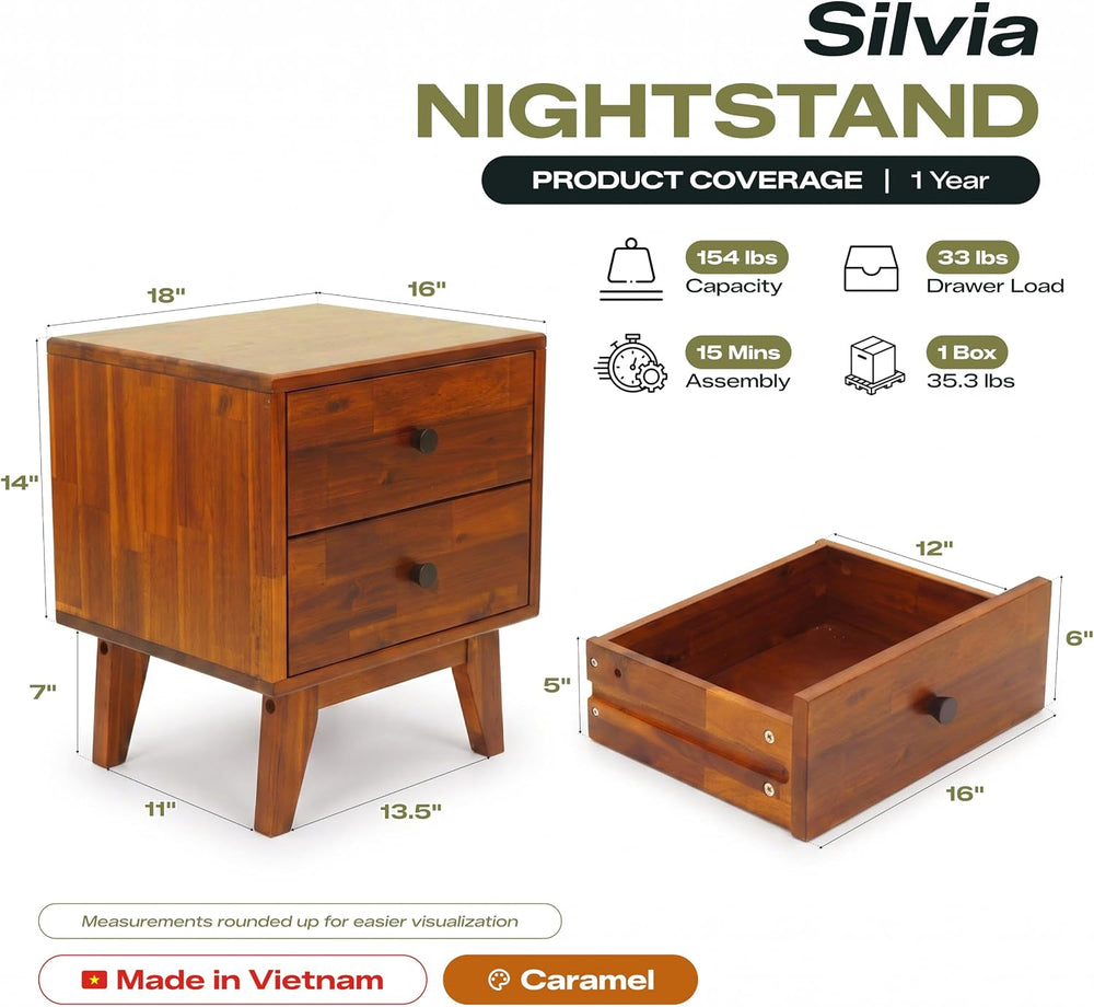 Acacia Silvia Nightstand with 2 Drawers, Solid Wood Bedside Table, Table with...