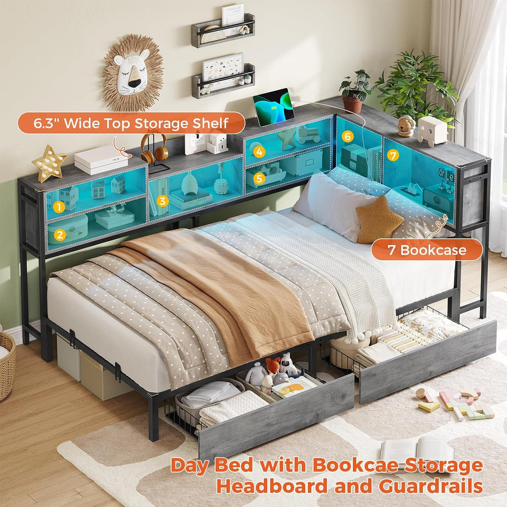 Corner Twin Bed Frame with Bookcase Storage Headboard & Led Lights,Oak Gray