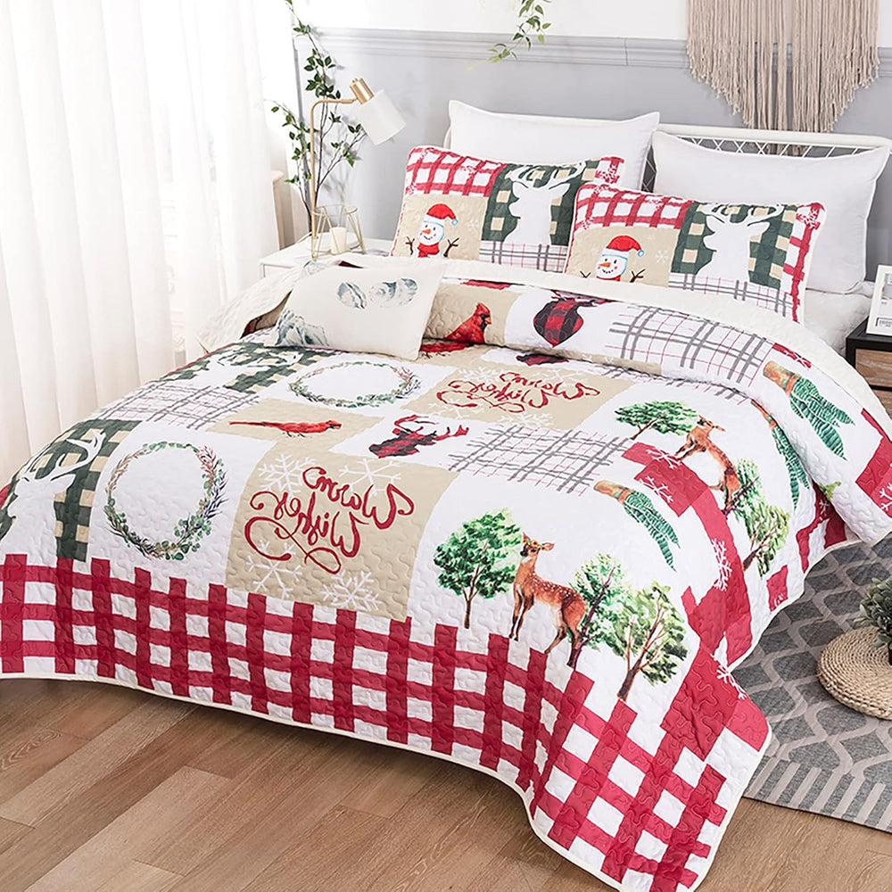 WONGS BEDDING Christmas Quilt Set Queen, Rustic Snowman Patchwork Bedding