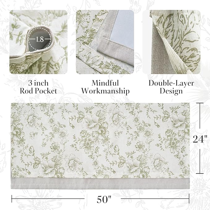 jinchan Linen Kitchen Curtain 24 Inch French Floral Double Layer Curtain - Image 8