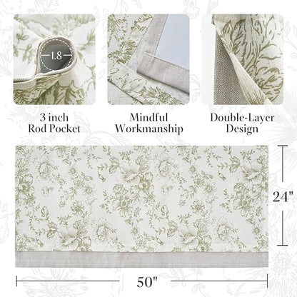 jinchan Linen Kitchen Curtain 24 Inch French Floral Double Layer Curtain - Image 8
