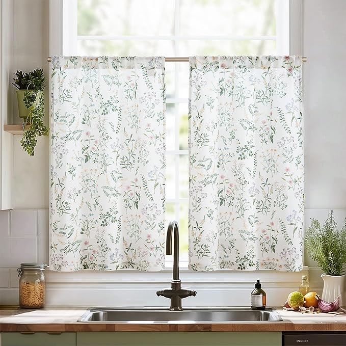 jinchan Spring Floral Kitchen Curtains Over Sink Farmhouse Linen Tier Curtains by JINCHAN