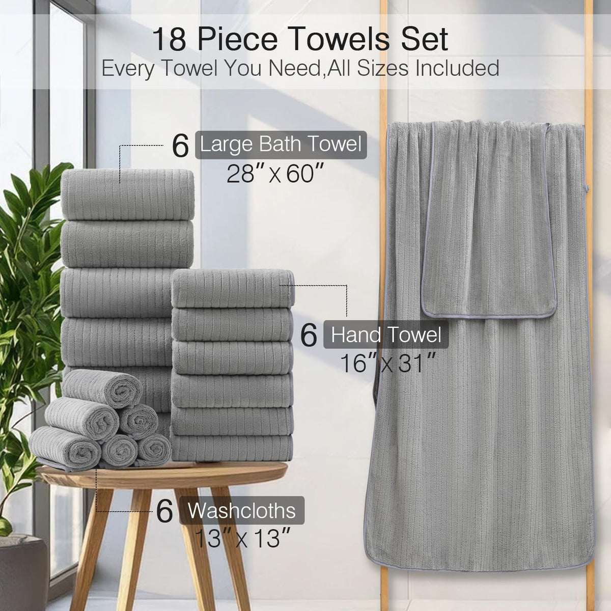hailea 18 piece family bath towel set include, close-up detail