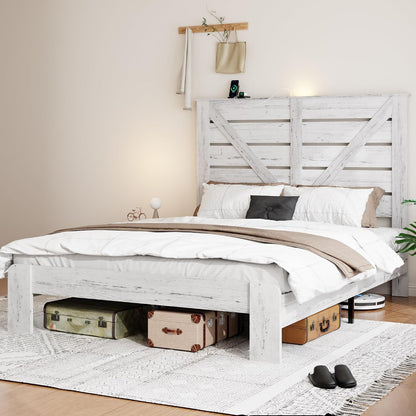 queen farmhouse bed frame with headboard, led lights, front angle view