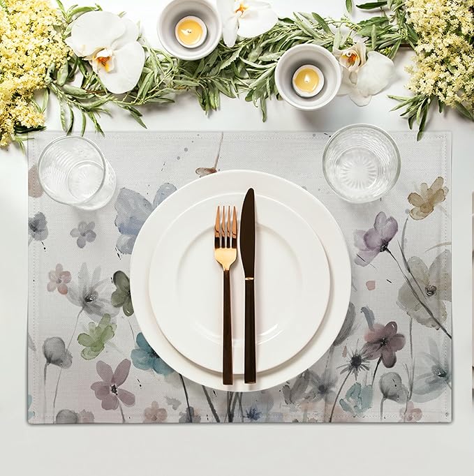 Flower Placemats Set of 4 Brown Cream Grey Poppy Flowers Table Mats Watercolor - Image 3