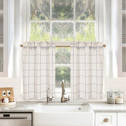 DriftAway Kitchen Curtains Striped Tier Linen Short Curtains Windowpane Plaid by DriftAway