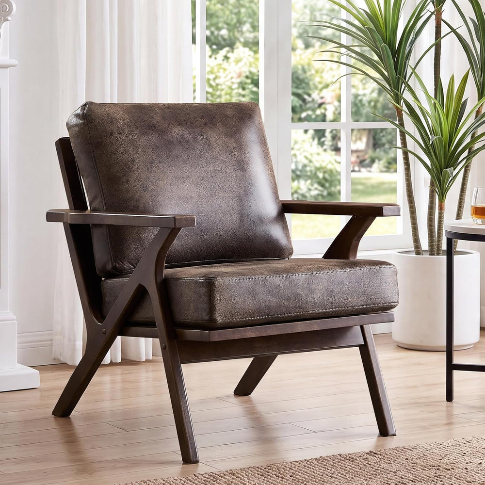 ANJ Faux Leather Accent Chair with Overstuffed Cushion, Mid-Century Modern Ar...