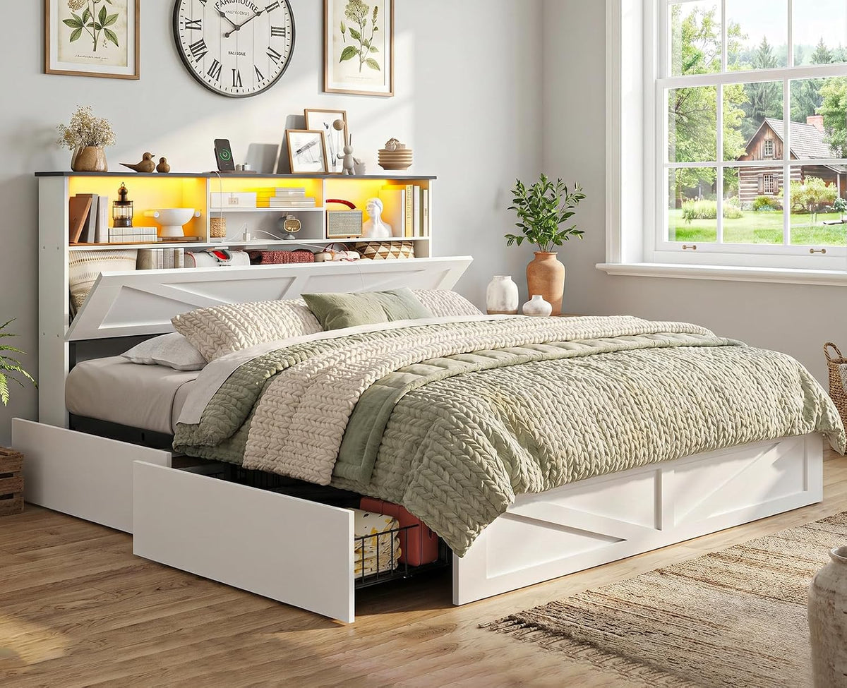 aogllati queen bed frame with storage bookcase headboard on a desk or shelf