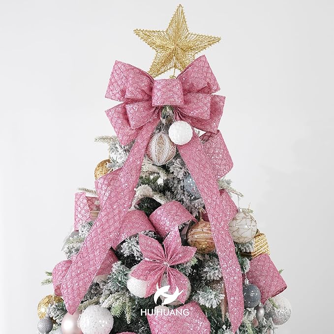 HUIHUANG Pink Wired Christmas Ribbon 4 inch Light Pink Glitter Wired Ribbon - Image 5
