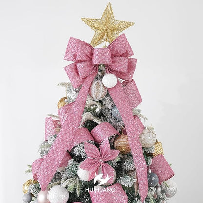 HUIHUANG Pink Wired Christmas Ribbon 4 inch Light Pink Glitter Wired Ribbon - Image 5