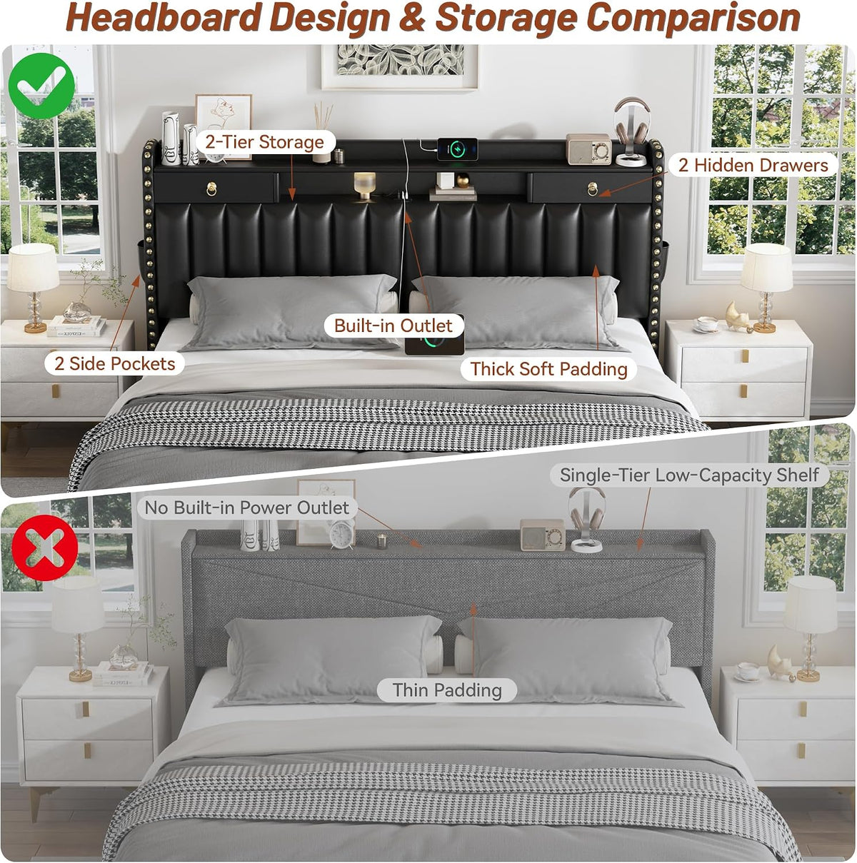 cypbed queen bed frame with 2-tier storage headboard, package contents