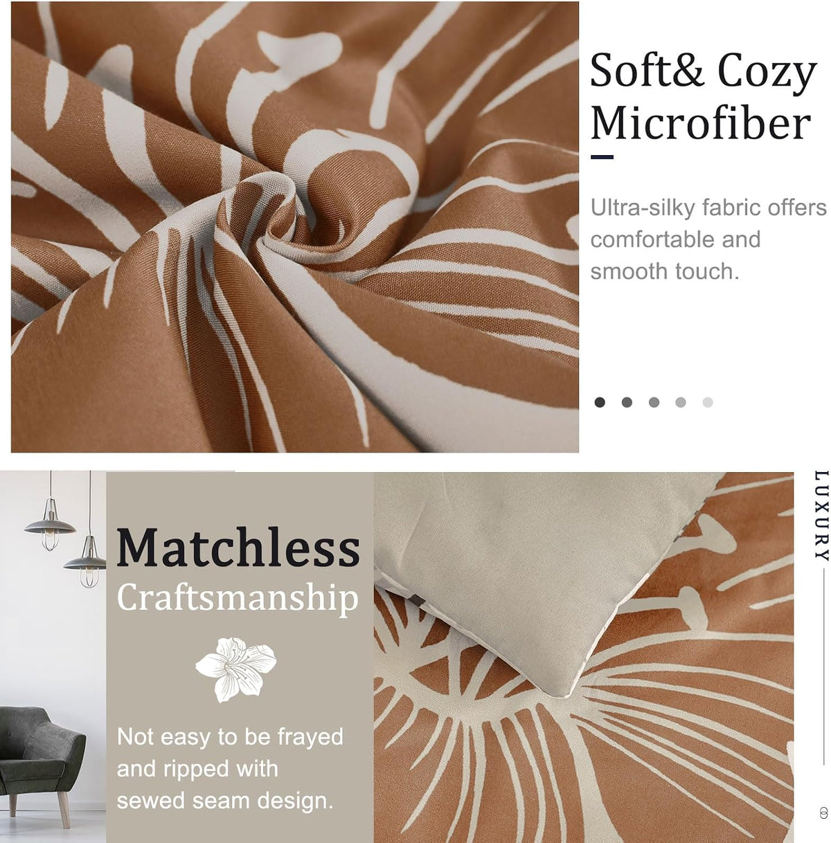 menghomeus brown floral comforter set, 3 piece california, side view