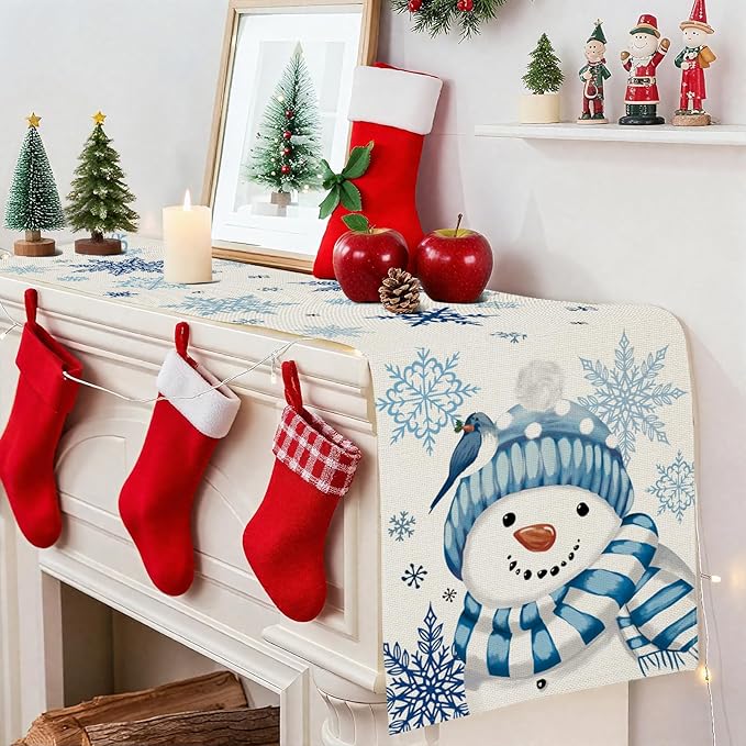 OTOSTAR Snowflakes and Blue Snowman Christmas Table Runner, Xmas Seasonal - Image 4
