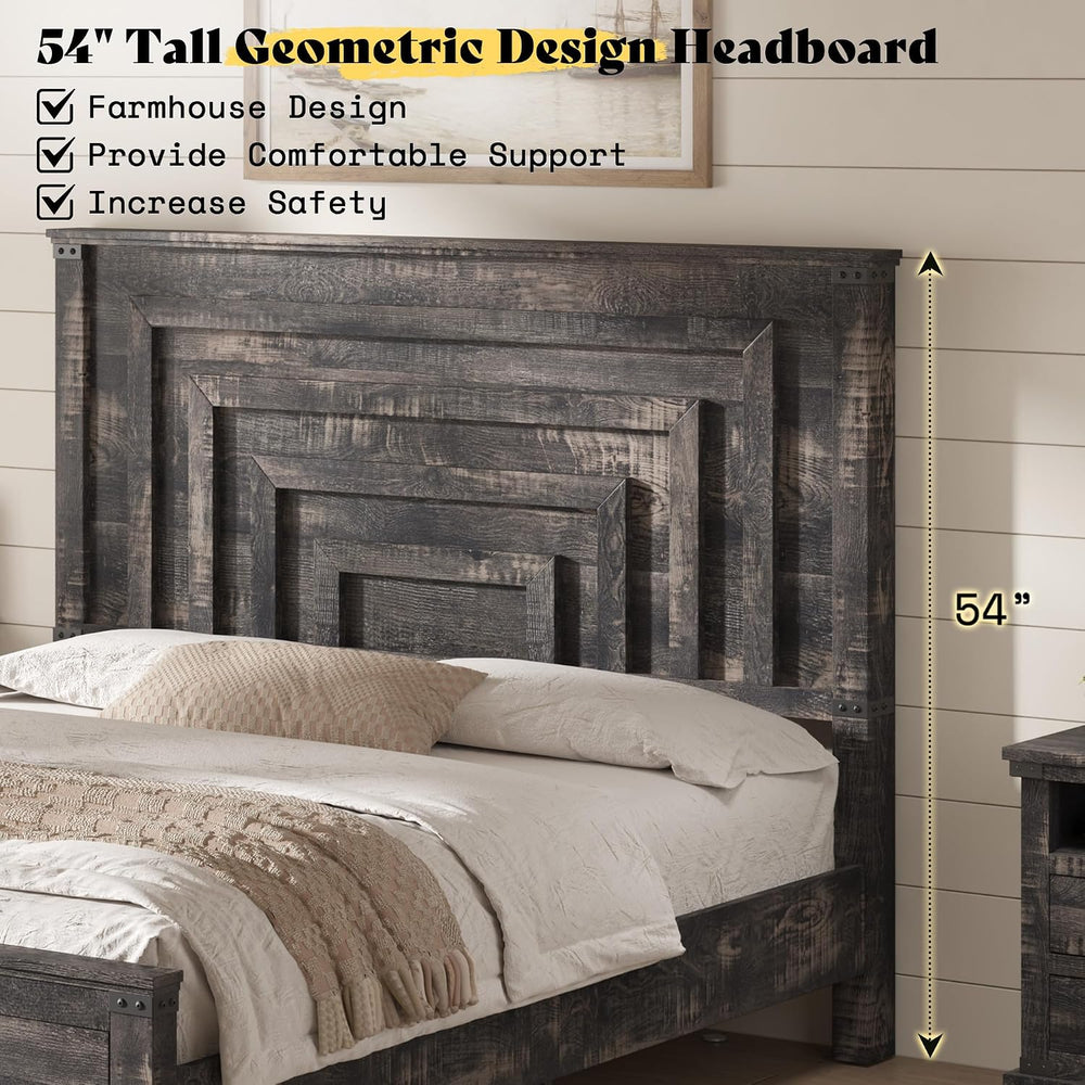 AMERLIFE Full Bed Frame with 54" Headboard & Storage, Black Oak
