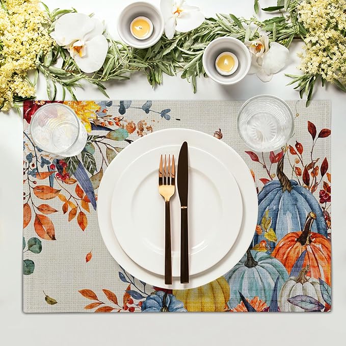 Giwawa Fall Thanksgiving Placemats Set of 4 Watercolor Autumn Pumpkins Floral - Image 3
