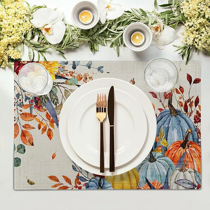 Giwawa Fall Thanksgiving Placemats Set of 4 Watercolor Autumn Pumpkins Floral - Image 3