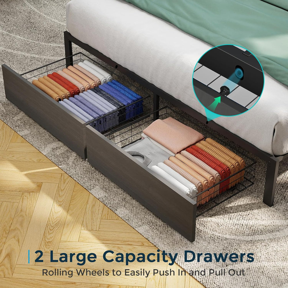 Queen Bed Frame with 2 Storage Drawers, Queen Size Bed Frame, Rustic Grey